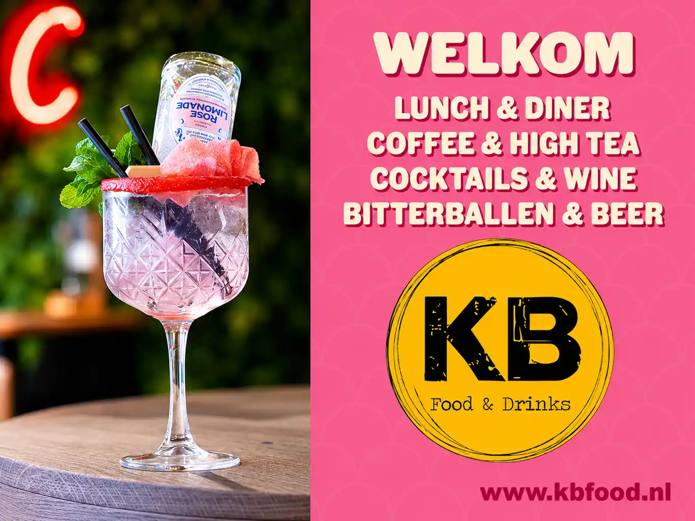 Advertentie van KB Food & Drinks: lunch en diner, coffee en high tea, cocktails en wine